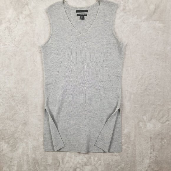 TAHARI Extra Fine Merino wool Long sleeveless sweater with slits Gray, size M - Picture 1 of 10